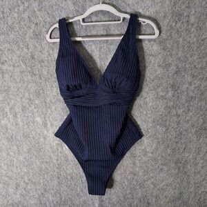 Cupshe Swimsuit M‎ Ribbed Plunge One Piece Adjustable Navy Removable Pads Beach